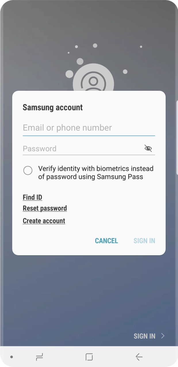 If you don't have a Samsung account, press Create account and follow the instructions on the screen to create an account.