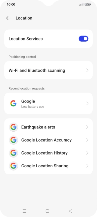 Press Google Location Accuracy. Press Google Location Accuracy.