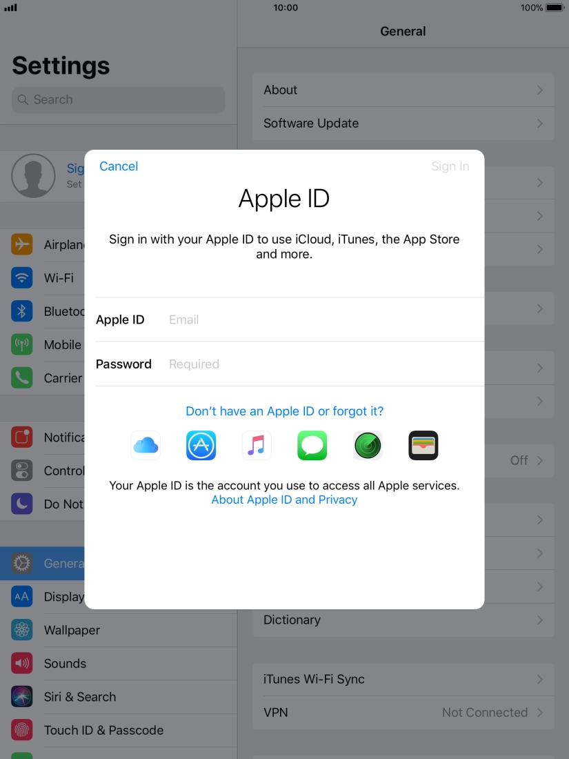 If you don't have an Apple ID, press Don't have an Apple ID or forgot it? and follow the instructions on the screen to create an Apple ID. If you don't have an Apple ID, press Don't have an Apple ID or forgot it? and follow the instructions on the screen to create an Apple ID.