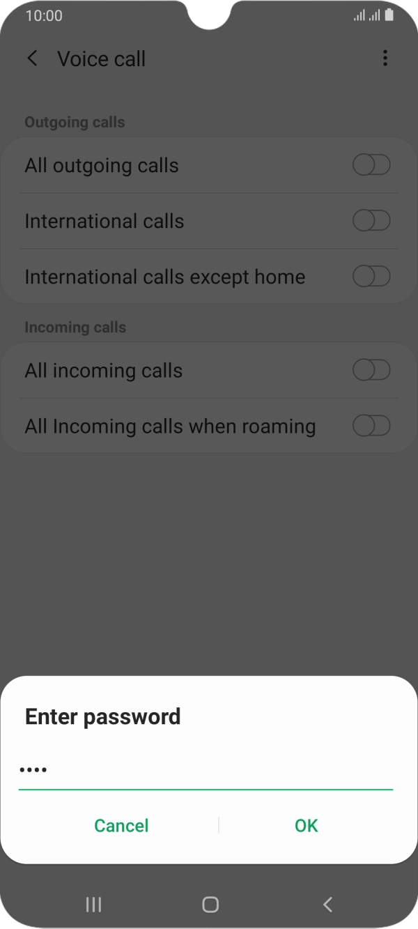 Key in your call barring password and press OK.