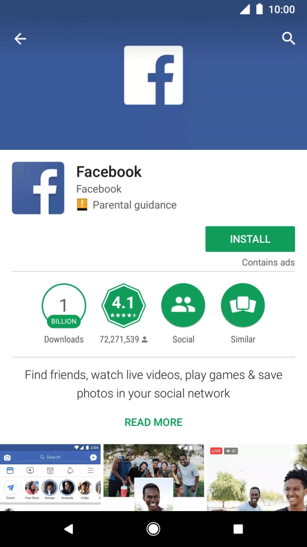 Press INSTALL and follow the instructions on the screen to install Facebook.