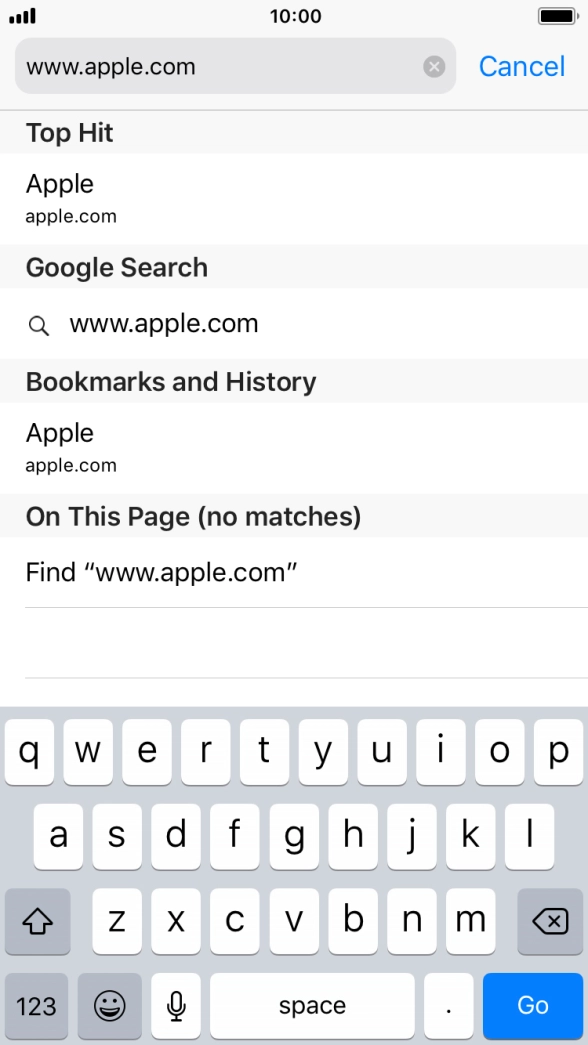 Key in the address of the required web page and press Go.