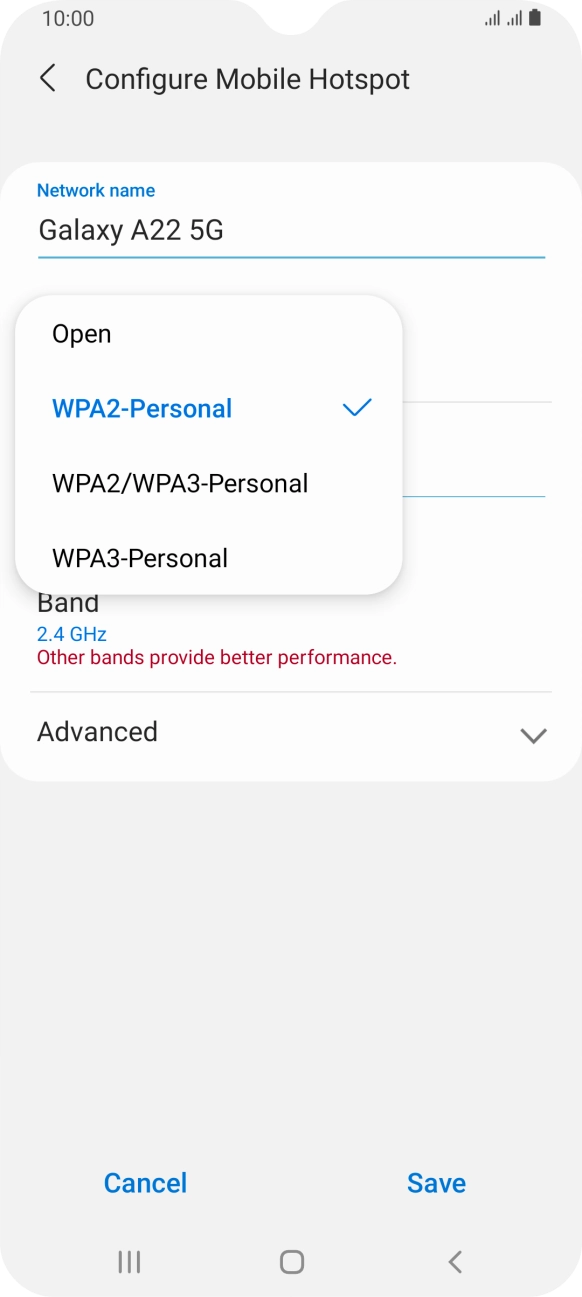 Press WPA3-Personal to password protect your Wi-Fi hotspot. Press WPA3-Personal to password protect your Wi-Fi hotspot.