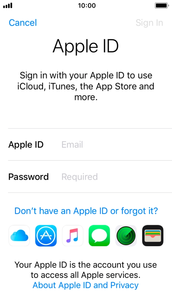 If you don't have an Apple ID, press Don't have an Apple ID or forgot it? and follow the instructions on the screen to create an Apple ID.