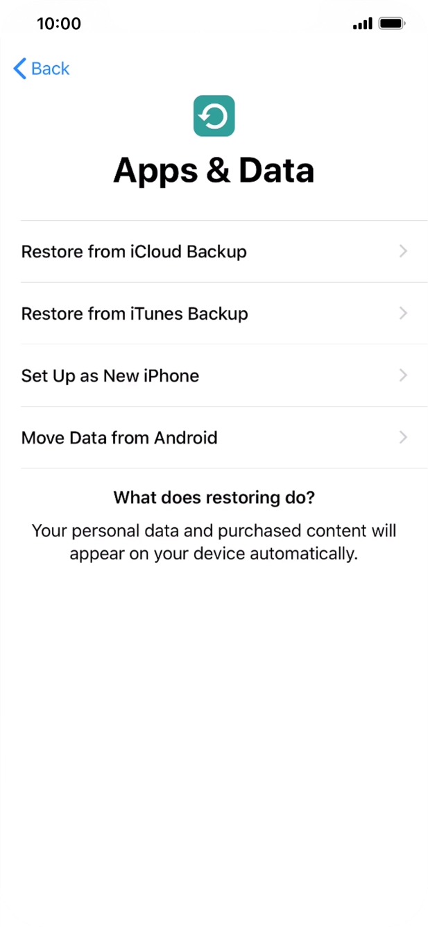You can restore content from an iCloud backup when your phone is activated for the first time and after a factory reset. When this screen is displayed, your phone is ready to restore content from an iCloud backup.