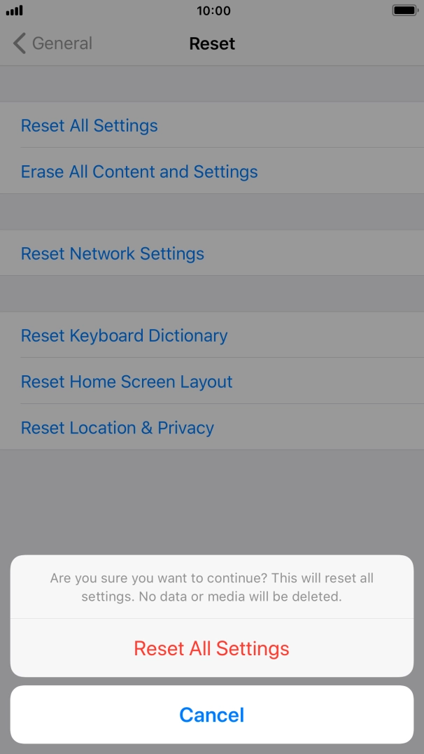 Press Reset All Settings. Wait a moment while the factory default settings are restored. Follow the instructions on the screen to set up your phone and prepare it for use.