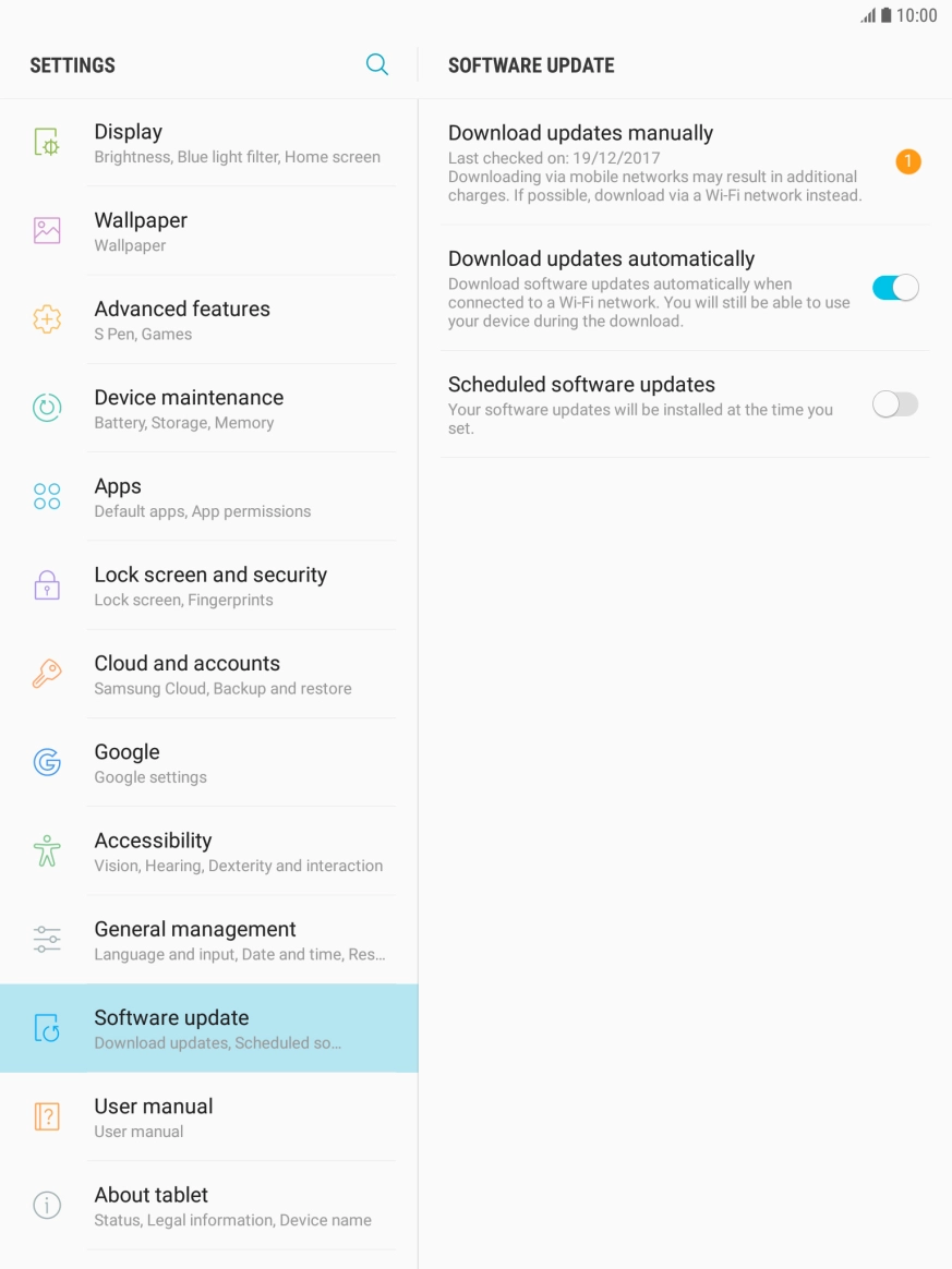 Press Download updates manually. If a new software version is available, it's displayed.
Follow the instructions on the screen to update the tablet software. Press Download updates manually. If a new software version is available, it's displayed.
Follow the instructions on the screen to update the tablet software.