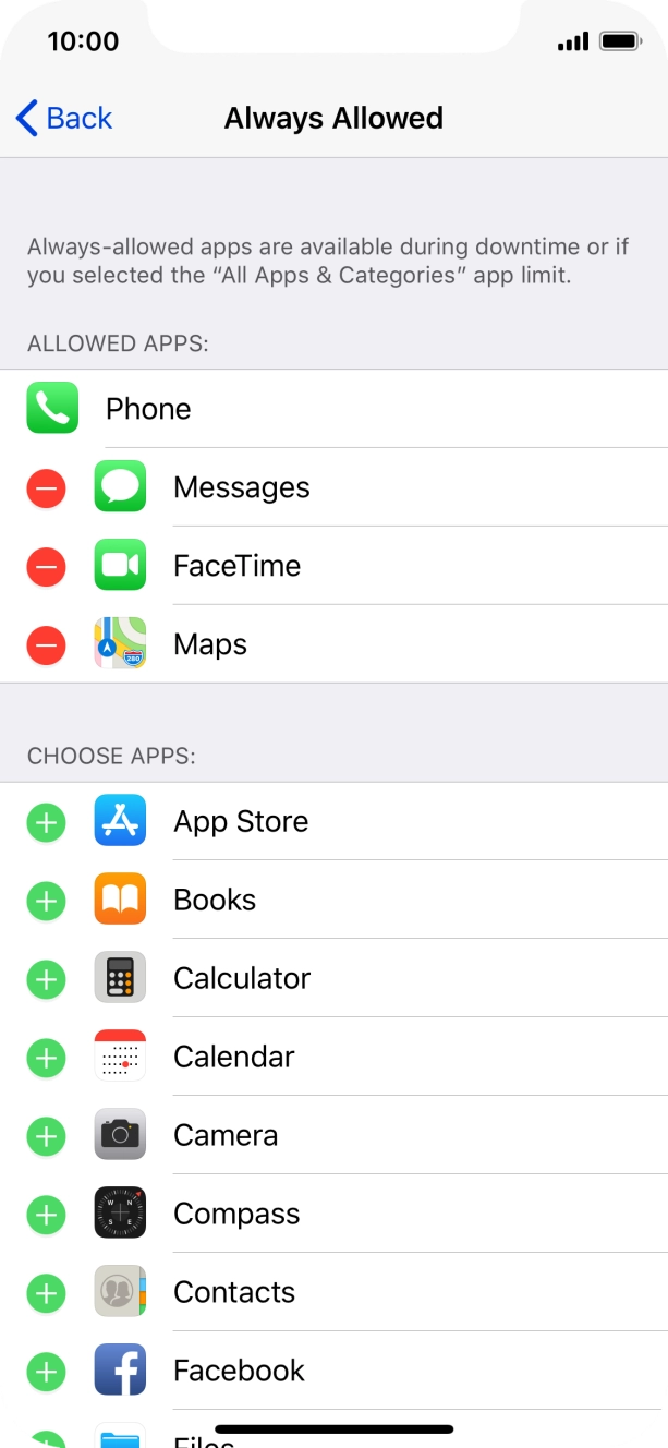 Press the add icon next to the required app to add it to the list of allowed apps during Downtime.