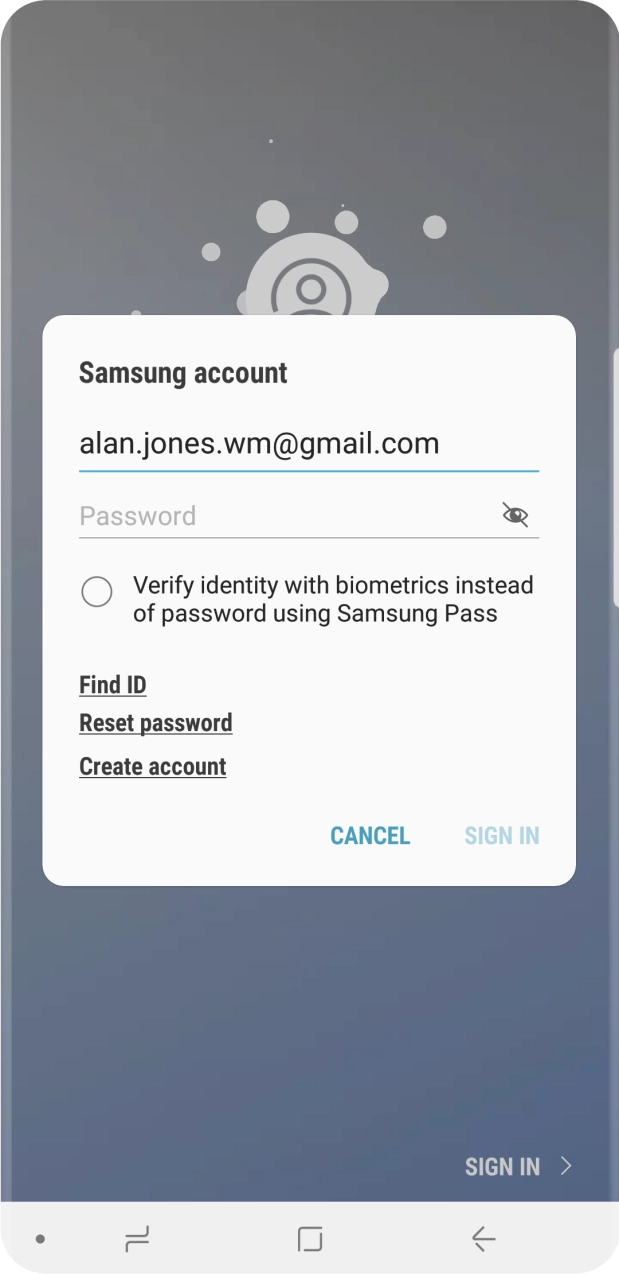 Press Password and key in the password for your Samsung account.