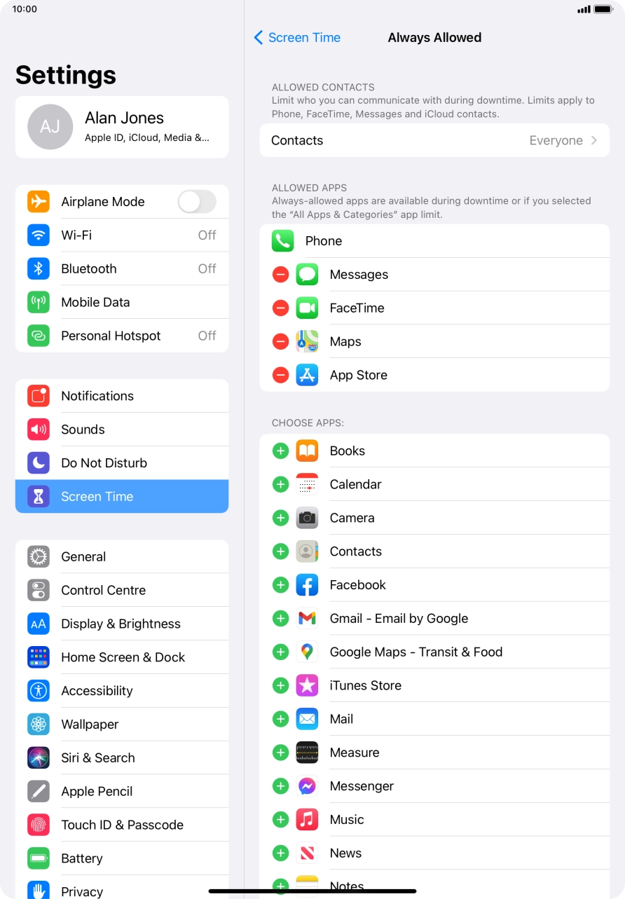 Press the remove icon next to the required app to remove it from the list of allowed apps during Downtime.