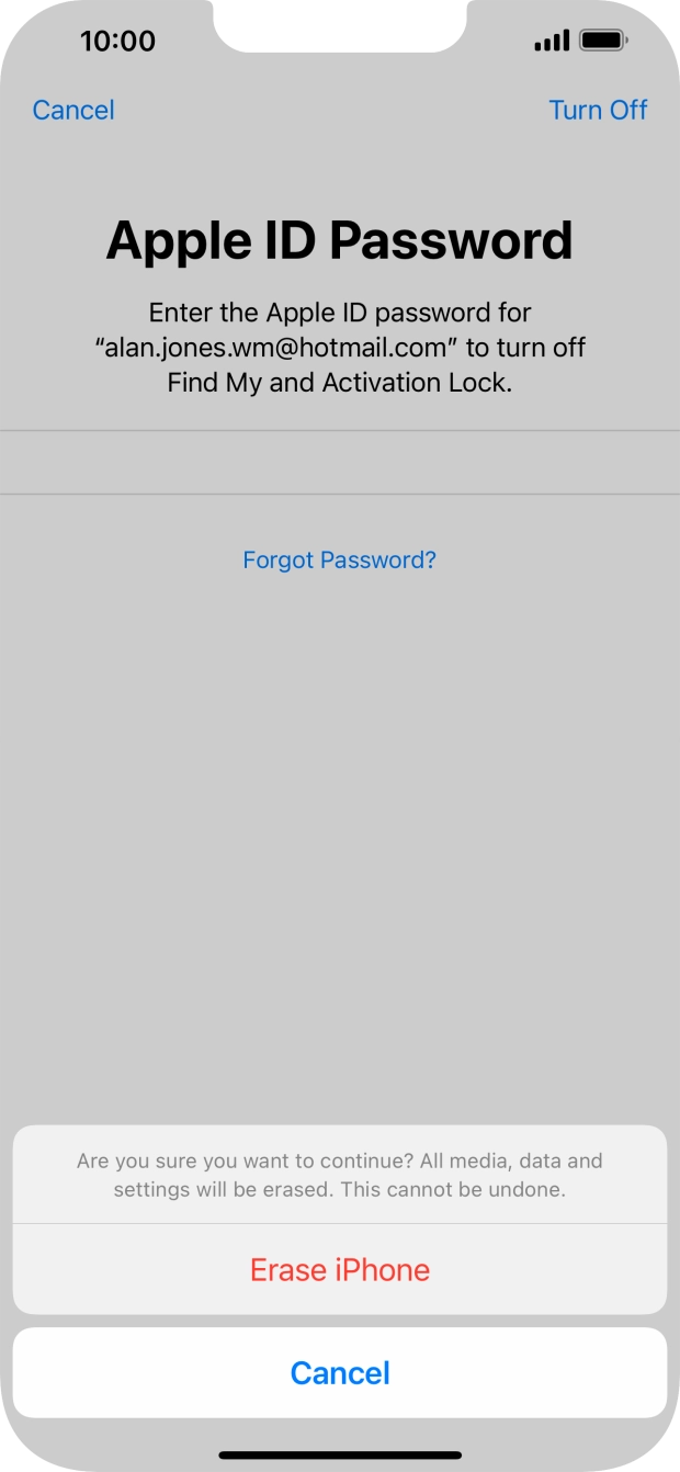 Key in the password for your Apple ID and press Erase iPhone. Wait a moment while the factory default settings are restored. Follow the instructions on the screen to set up your phone and prepare it for use. Key in the password for your Apple ID and press Erase iPhone. Wait a moment while the factory default settings are restored. Follow the instructions on the screen to set up your phone and prepare it for use.