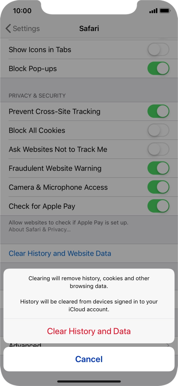 Press Clear History and Data.