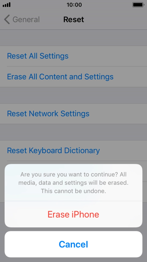 Press Erase iPhone. Wait a moment while the factory default settings are restored. Follow the instructions on the screen to set up your phone and prepare it for use. Press Erase iPhone. Wait a moment while the factory default settings are restored. Follow the instructions on the screen to set up your phone and prepare it for use.