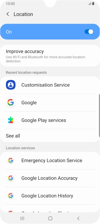 Press Google Location Accuracy. Press Google Location Accuracy.