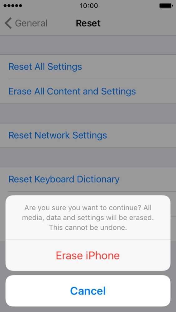 Press Erase iPhone. Wait a moment while the factory default settings are restored.
Follow the instructions on the screen to set up your phone and prepare it for use. Press Erase iPhone. Wait a moment while the factory default settings are restored.
Follow the instructions on the screen to set up your phone and prepare it for use.