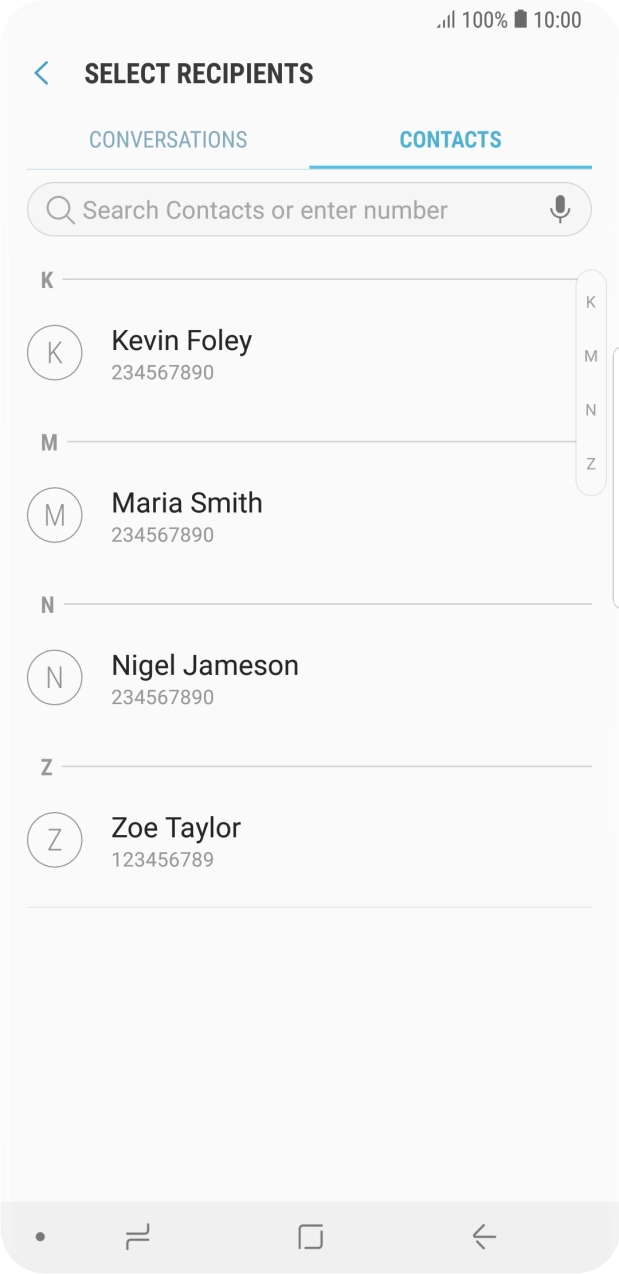 Press the search field and key in the first letters of the recipient's name.