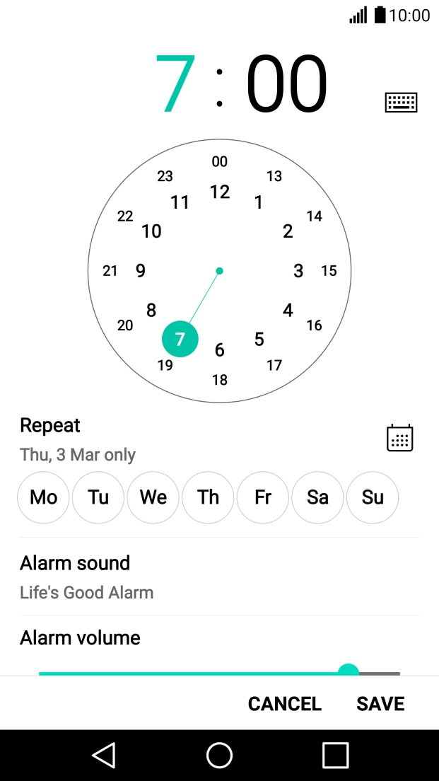 Drag the indicator to the required hour and minute.