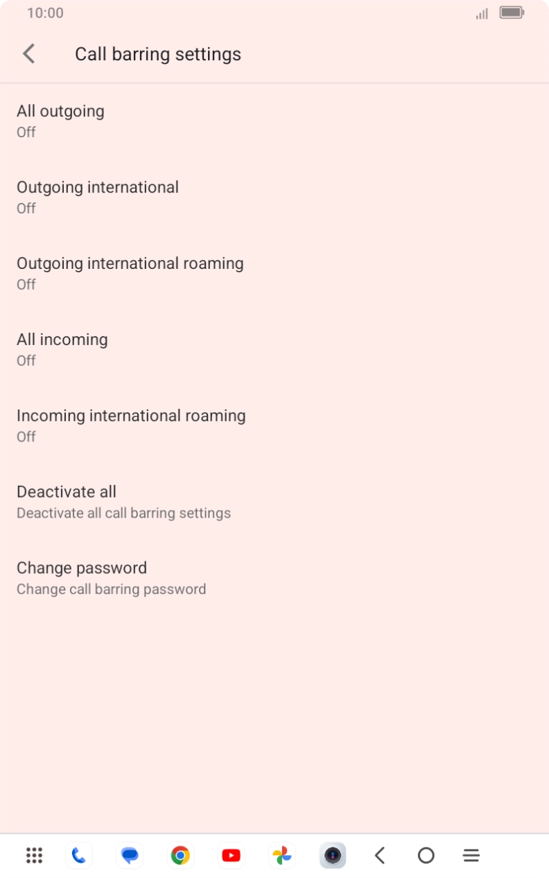 Press the required barring type to turn the function on or off.