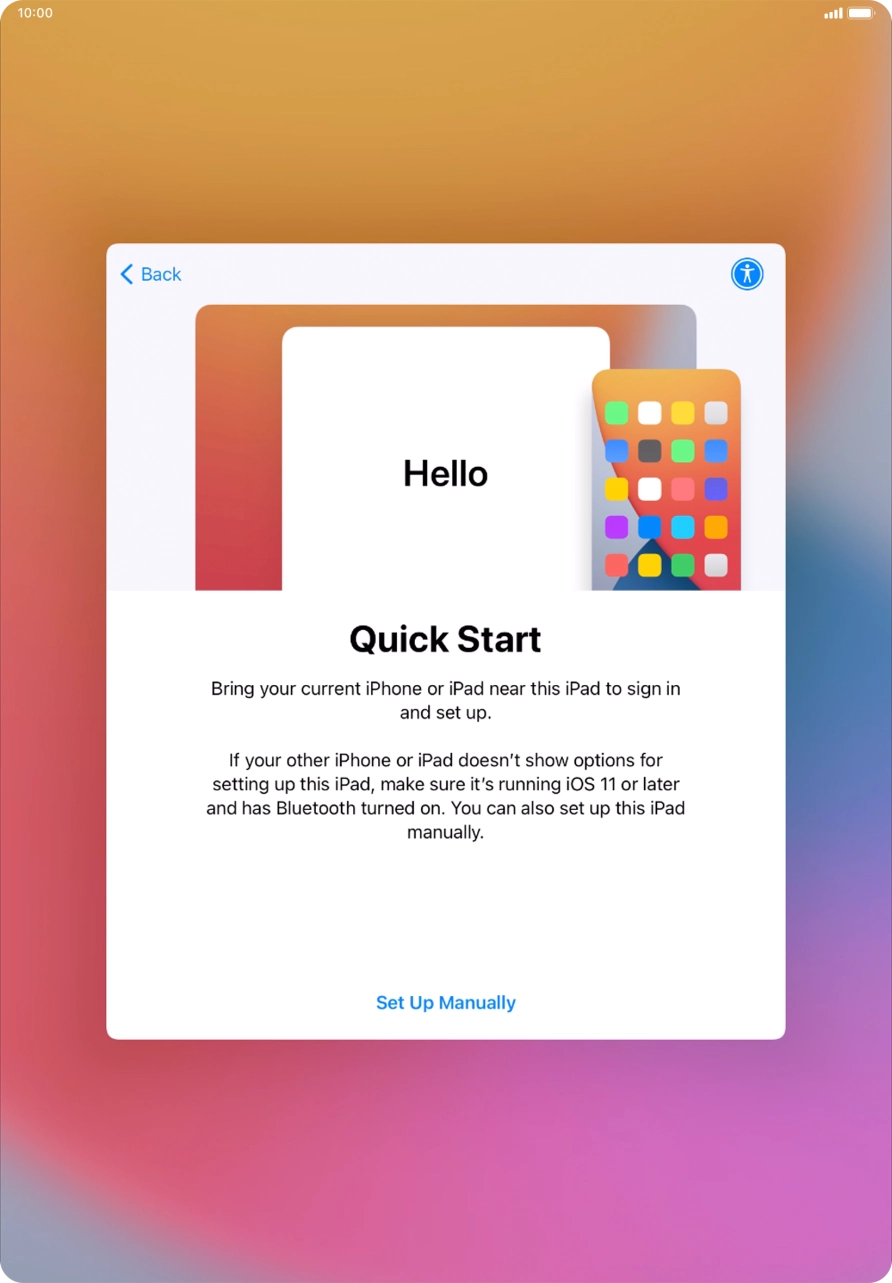Follow the instructions on the screen to transfer content from another device running iOS 11 or later or press Set Up Manually. Follow the instructions on the screen to transfer content from another device running iOS 11 or later or press Set Up Manually.