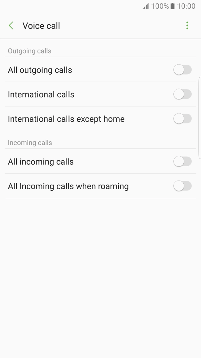 Press the indicator next to the required barring type to turn the function on or off.