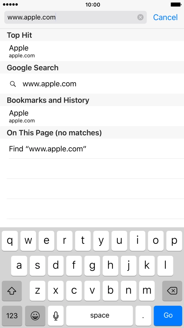 Key in the address of the required web page and press Go.