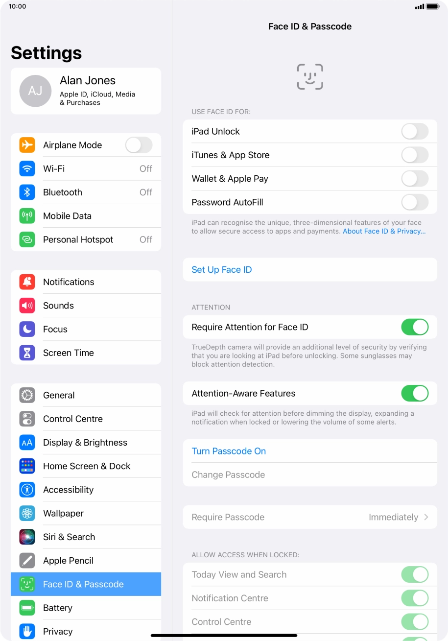Press Turn Passcode On and key in a lock code of your own choice twice.
