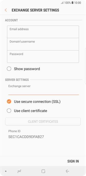 Press Use secure connection (SSL) to turn the function on or off. Press Use secure connection (SSL) to turn the function on or off.