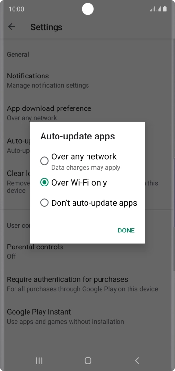 To turn on automatic update of apps using mobile network, press Over any network. To turn on automatic update of apps using mobile network, press Over any network.