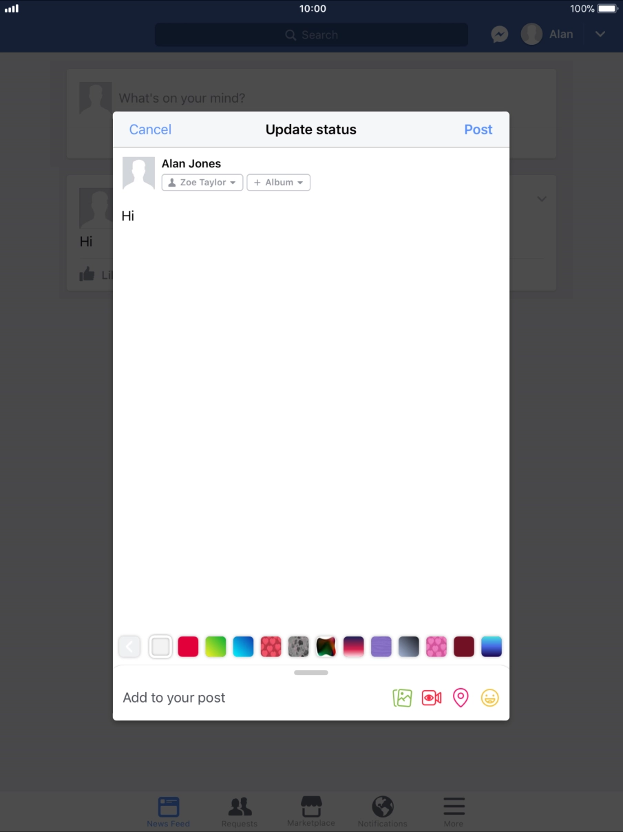 Write the required text and press Post.