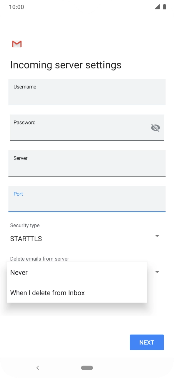 Press Never to keep email on the server when you delete them on your phone. Press Never to keep email on the server when you delete them on your phone.