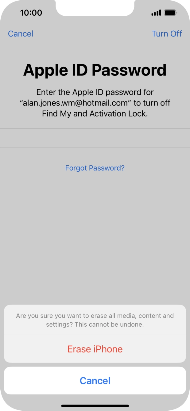 Key in the password for your Apple ID and press Erase iPhone. Wait a moment while the factory default settings are restored. Follow the instructions on the screen to set up your phone and prepare it for use.