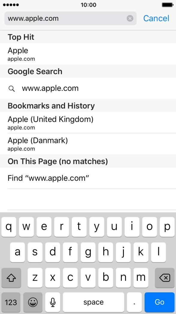 Key in the address of the required web page and press Go.