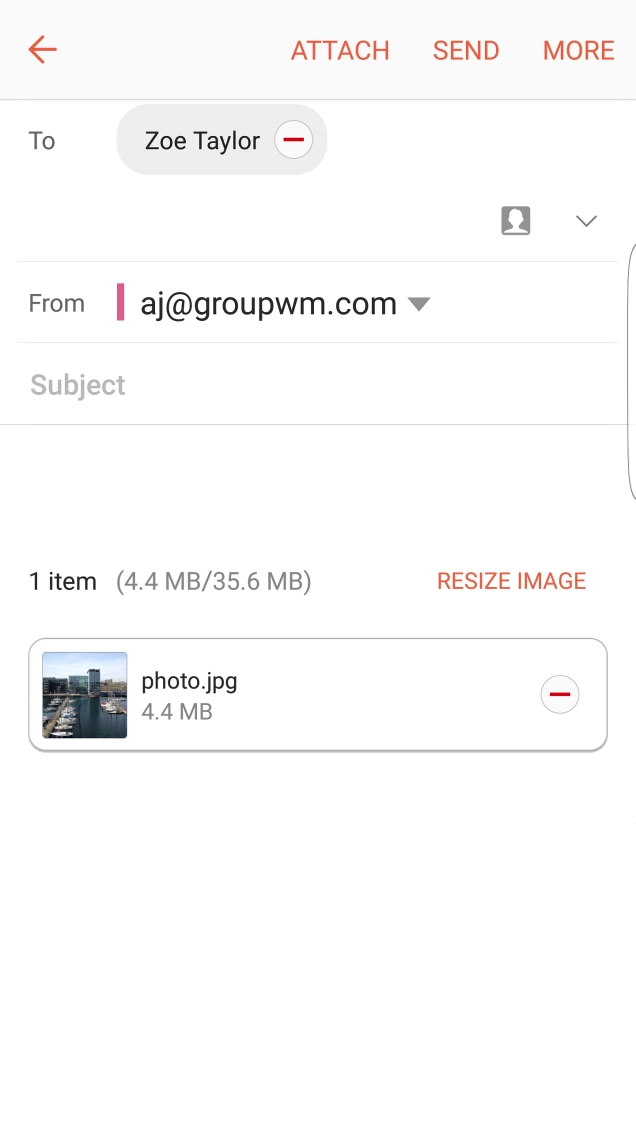 Press Subject and key in the subject of your email.