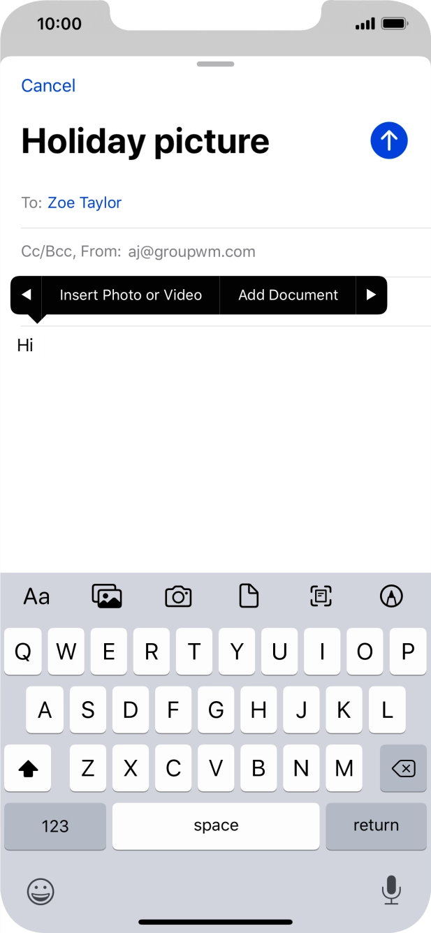Press Insert Photo or Video and follow the instructions on the screen to attach a picture or a video clip. Press Insert Photo or Video and follow the instructions on the screen to attach a picture or a video clip.
