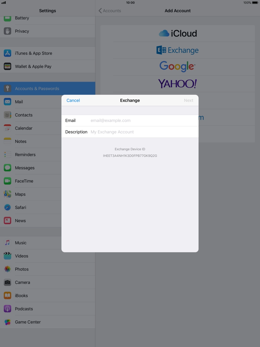 Press Email and key in your email address.