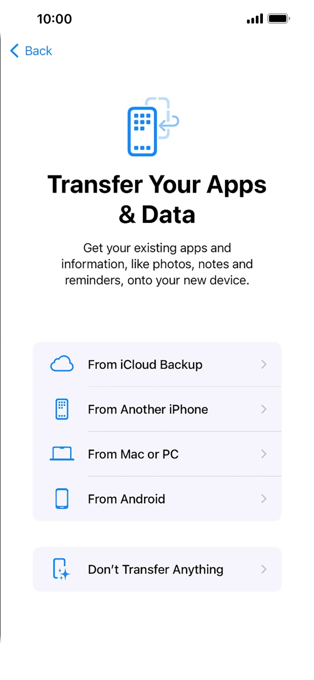 You can transfer content from an Android phone to your phone when it's activated for the first time and after a factory reset. When this screen is displayed, your phone is ready to transfer content from an Android phone.