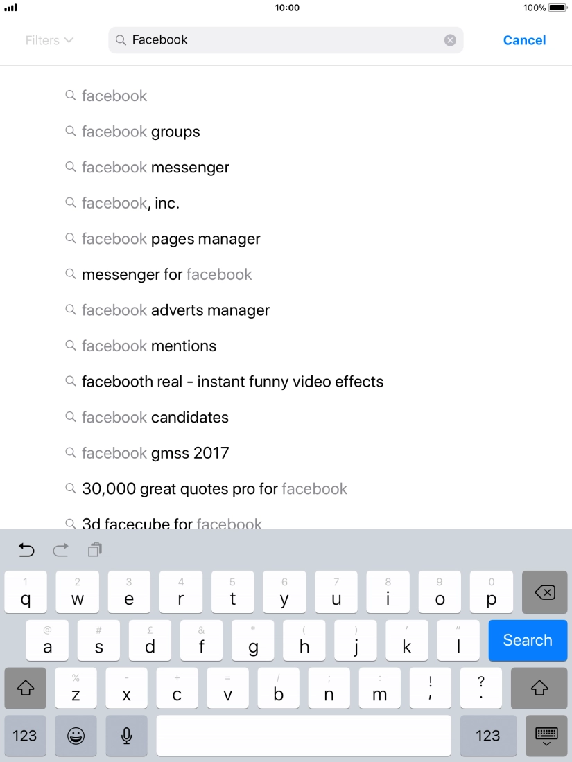 Key in Facebook and press Search. Key in Facebook and press Search.