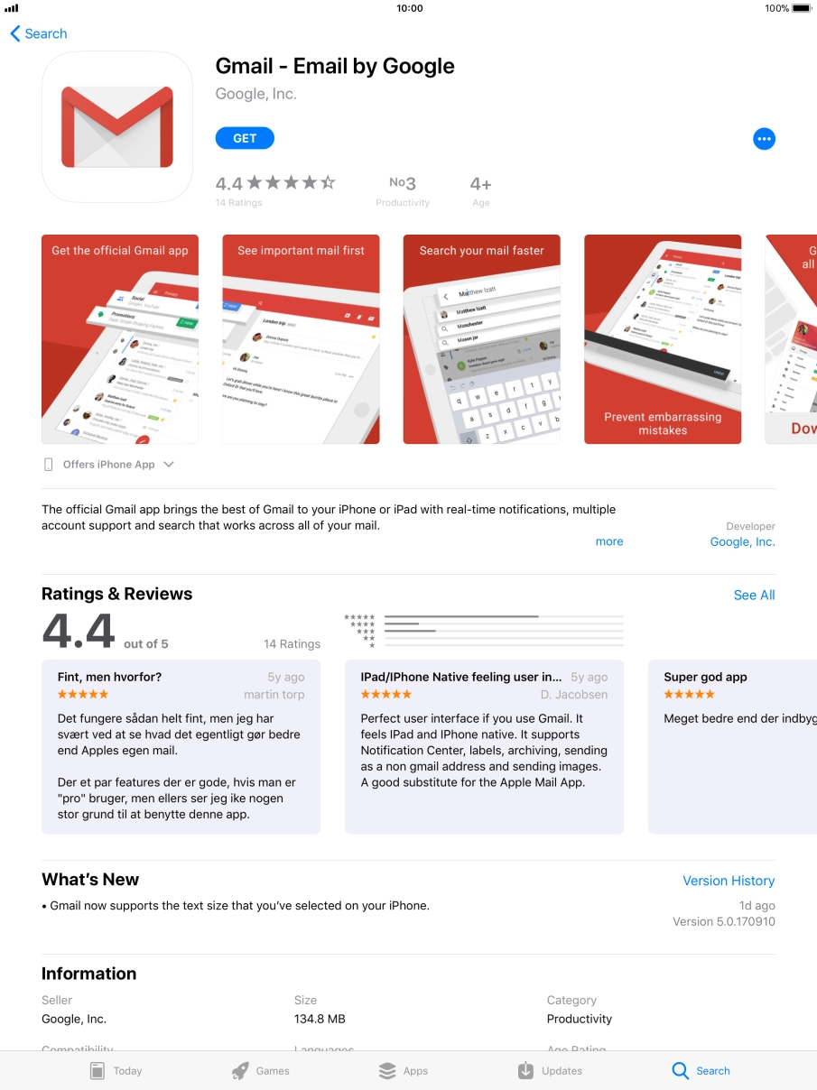 Press GET and follow the instructions on the screen to install Gmail.