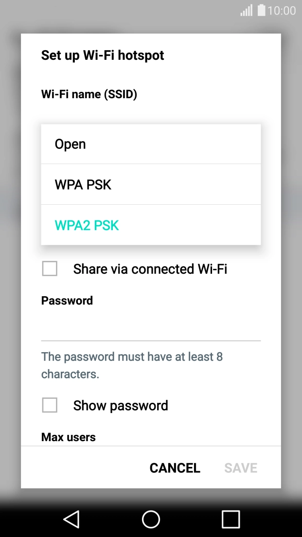 Press WPA2 PSK to password protect your Wi-Fi hotspot.