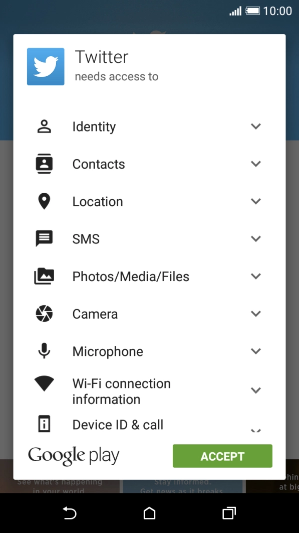 Press ACCEPT and wait while Twitter is installed. Press ACCEPT and wait while Twitter is installed.