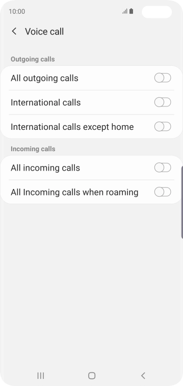 Press the indicator next to the required barring type to turn the function on or off. Press the indicator next to the required barring type to turn the function on or off.