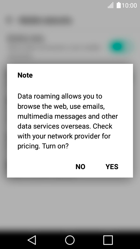 If you turn on data roaming, press YES. If you turn on data roaming, press YES.
