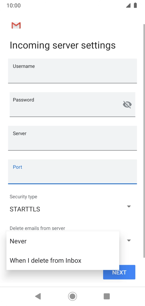 Press Never to keep email on the server when you delete them on your phone. Press Never to keep email on the server when you delete them on your phone.