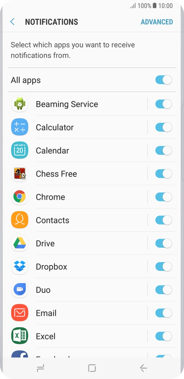 Press the indicator next to the required app to turn the function on or off.