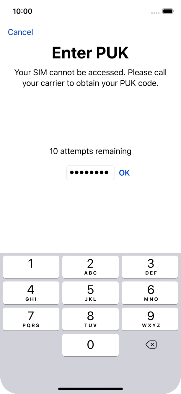 Key in the PUK and press OK.