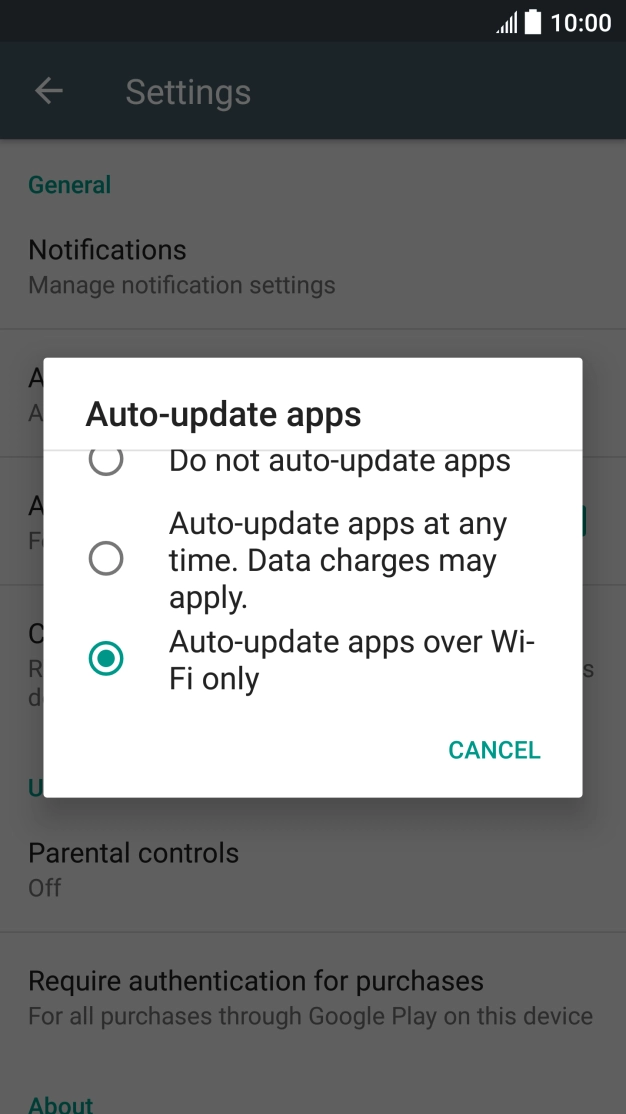 To turn on automatic update of apps using mobile network, press Auto-update apps at any time. Data charges may apply..