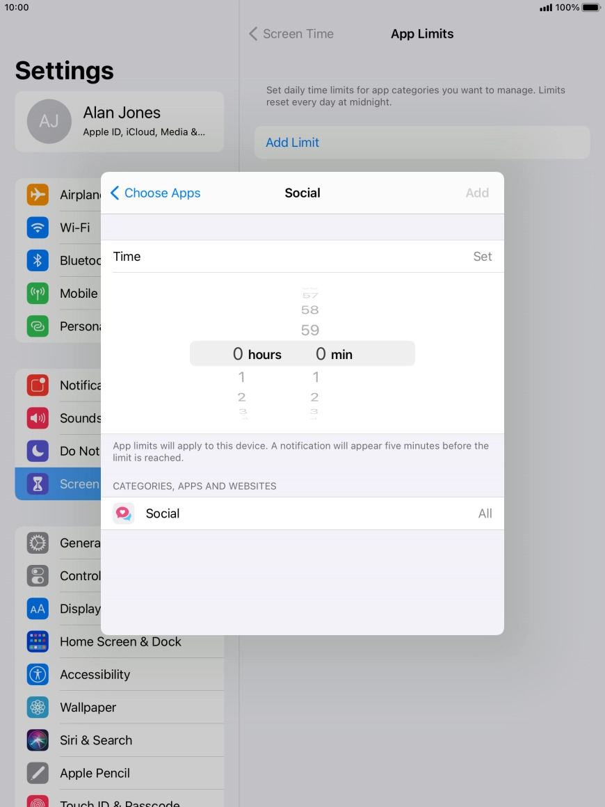 Set the required time limit for use of the selected category.