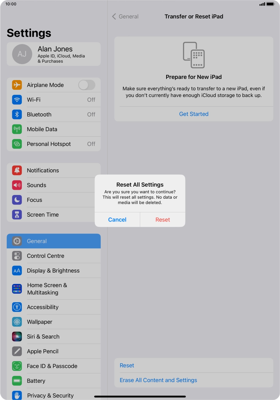 Press Reset. Wait a moment while the factory default settings are restored. Follow the instructions on the screen to set up your tablet and prepare it for use.