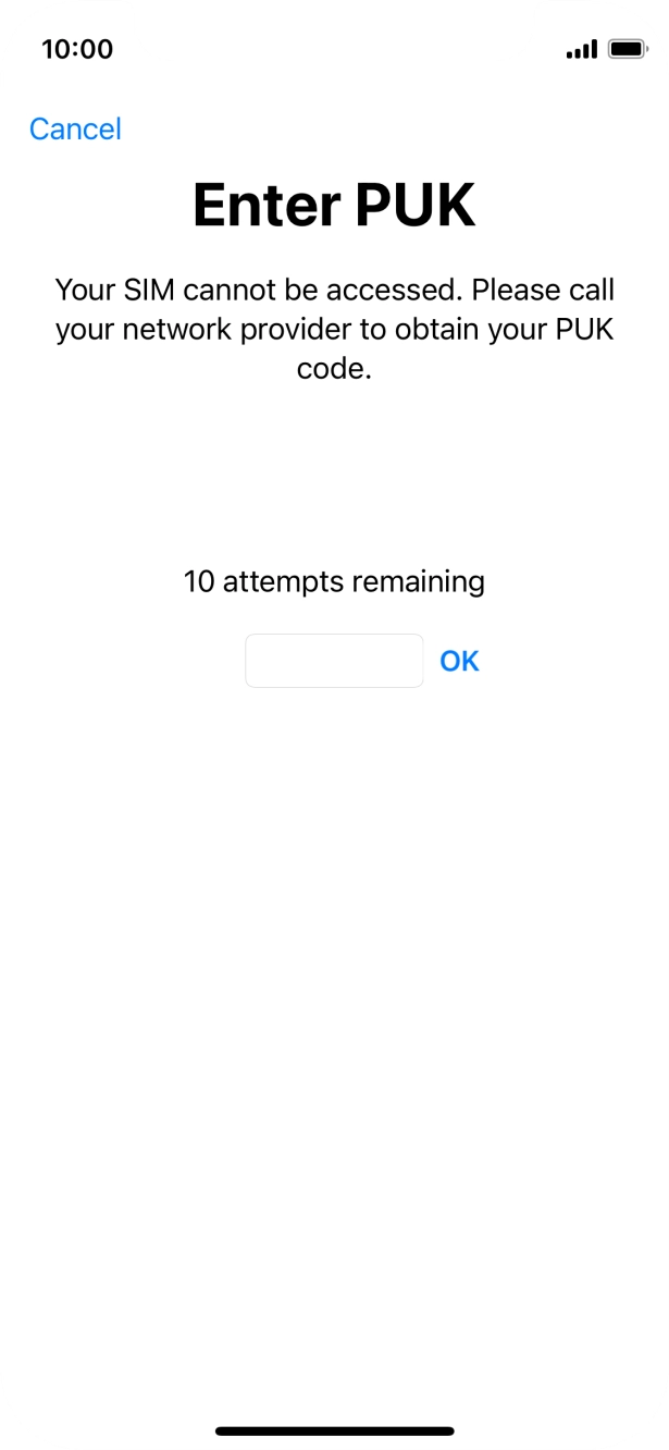Key in the PUK and press OK.