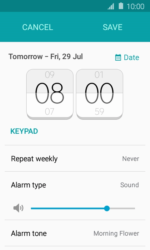 Slide your finger up or down on hours and minutes to set the alarm time.